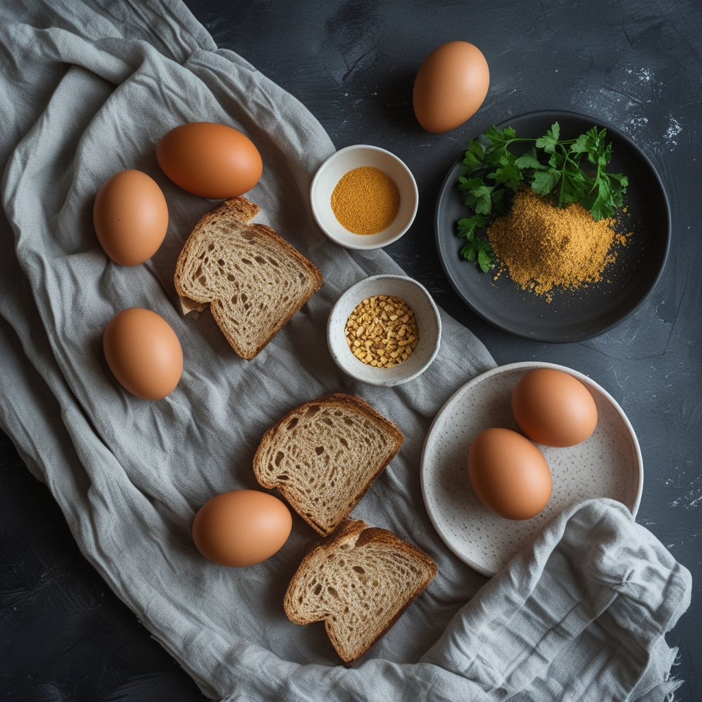 Arrangement of whole grain bread slices, brown eggs, a small bowl of nutritional yeast flakes and fresh parsley on a textured light grey linen cloth, soft even daylight from above, clean food styling