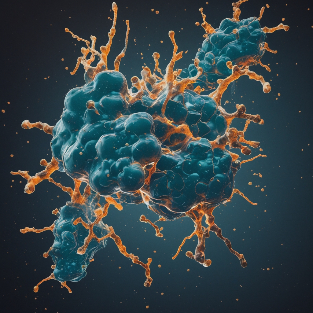 Abstract close-up of mitochondria-like cellular structures rendered in deep teal and amber tones on a dark background, representing biological energy production in a conceptual scientific illustration style
