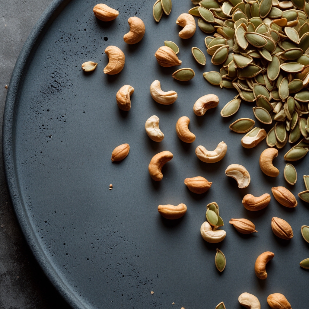 Scattered pumpkin seeds and cashew nuts on a rough dark grey ceramic plate with a clean matte surface, warm side lighting emphasising the natural texture and earthy tones of the seeds